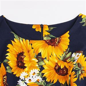 Women's Retro Vintage Round Neck 3/4 Length Sleeve Sunflower Pattern A-Line Swing Dress N14726