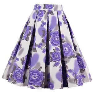 Vintage Rose Print High Waisted Flared Pleated Skirt HG12791