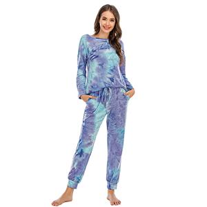 Casual Women's Tracksuit Tie-dye Gradient Print Long Sleeve Sleepwear Pants Sets N20630