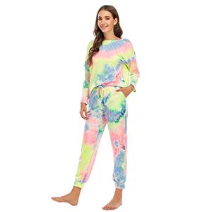 Casual Women's Tracksuit Tie-dye Gradient Print Long Sleeve Sleepwear Pants Sets N20631