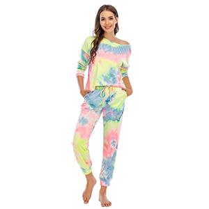 Casual Women's Tracksuit Tie-dye Gradient Print Long Sleeve Sleepwear Pants Sets N20631