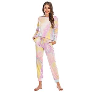 Casual Women's Tracksuit Tie-dye Gradient Print Long Sleeve Sleepwear Pants Sets N20632