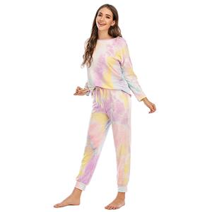 Casual Women's Tracksuit Tie-dye Gradient Print Long Sleeve Sleepwear Pants Sets N20632