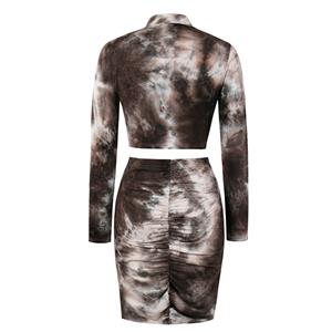 Sexy Pleated Grey Tie-dye Gradient Print Long Sleeve Tops With Mini Package Hip Skirt Sets N20634