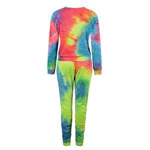 Fashion Red Tie-dye Gradient Print Long Sleeve Tops With Drawstring Tight Pants Sets N20791