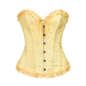 Victorian Gothic Yellow Brocade Plastic Boned Ruffle Waist Cincher Body Shaper Overbust Corset N22412