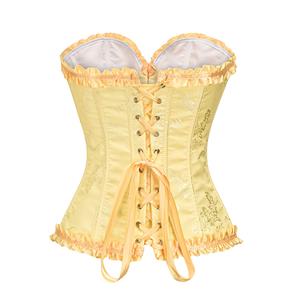 Victorian Gothic Yellow Brocade Plastic Boned Ruffle Waist Cincher Body Shaper Overbust Corset N22412