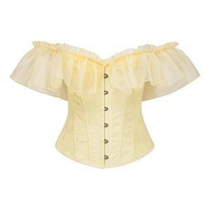 Yellow off-the-shoulder corset,Floral embroidery corset,Ruffle trim design,Women's waist trainer,Elegant corset top,Victorian style corset,Shapewear for women,High-quality corset material,Accentuates figure,Comfortable support #N23760