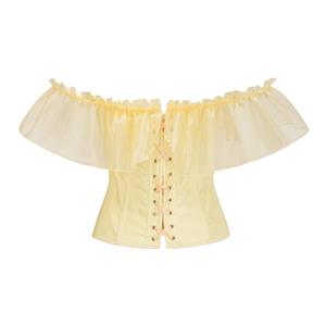 Elegant Yellow Off-the-Shoulder Corset with Floral Embroidery & Ruffle Trim - Women's Waist Trainer N23760