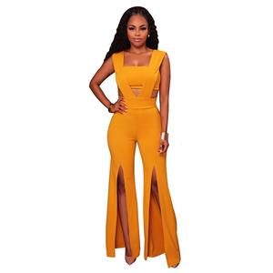 Women's Sexy Yellow Bandeau Patchwork Wide Leg Split One Piece Jumpsuit N16309