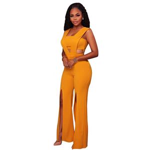 Women's Sexy Yellow Bandeau Patchwork Wide Leg Split One Piece Jumpsuit N16309