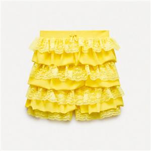 girls skirted shorts, yellow lace shorts, toddler summer clothes, layered ruffle shorts, kids playwear, elastic waist shorts, girls fashion, cute toddler outfits, lace trim clothing, childrens activewear, mini skirt shorts, bow detail shorts, lightweight girls shorts, summer toddler fashion, casual kids wear #HG23837