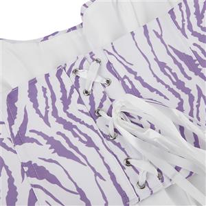 White and Purple Zebra Print Bustier with Crisscross Back Lace-Up, Boned Corset Top N23855