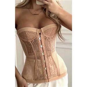 Apricot Lace Off-Shoulder Corset Top with Front Button Closure N23920