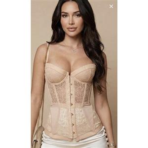 Apricot Lace Off-Shoulder Corset Top with Front Button Closure N23920