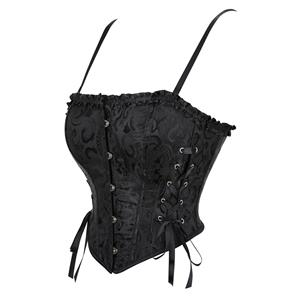 Black Jacquard Corset Top, Vintage Ruffle Trim Bustier  N23893