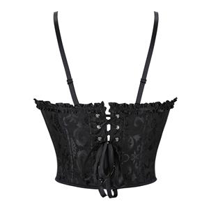 Black Jacquard Corset Top, Vintage Ruffle Trim Bustier  N23893
