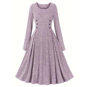 Women's round neck long sleeve knitted lace-up dress N23496