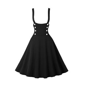 Women's patchwork tie waist bow Hepburn retro suspender little black dress N23442