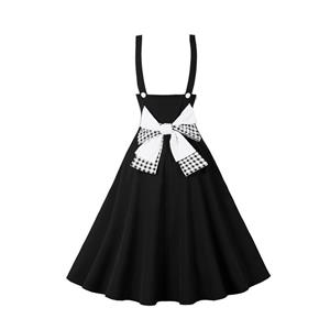 Women's patchwork tie waist bow Hepburn retro suspender little black dress N23442