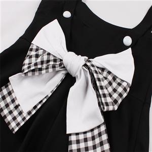 Women's patchwork tie waist bow Hepburn retro suspender little black dress N23442