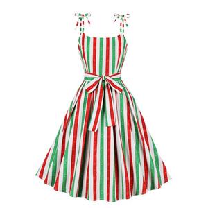 Women's Clothing Colorful Striped Print Cami Dress Vintage Belted Swing Aline Sleeveless Christmas Dress N23443