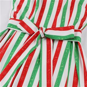 Women's Clothing Colorful Striped Print Cami Dress Vintage Belted Swing Aline Sleeveless Christmas Dress N23443