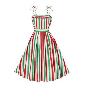 Women's Clothing Colorful Striped Print Cami Dress Vintage Belted Swing Aline Sleeveless Christmas Dress N23443