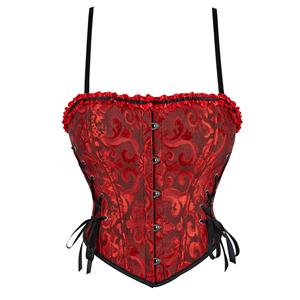 Red corset top, jacquard bustier, ruffle trim corset, adjustable strap corset, lace-up back bustier, victorian corset, gothic waist cincher, vintage corset top, party corset, cosplay bustier, wedding corset, hourglass corset, white bustier, hook closure corset, ribbon tie corset #N23894
