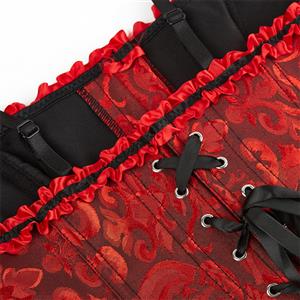 Red Jacquard Corset Top, Vintage Ruffle Trim Bustier  N23894