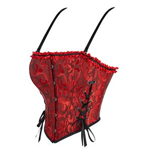 Red Jacquard Corset Top, Vintage Ruffle Trim Bustier  N23894