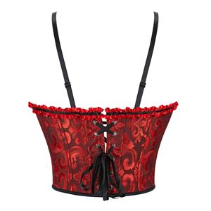 Red Jacquard Corset Top, Vintage Ruffle Trim Bustier  N23894