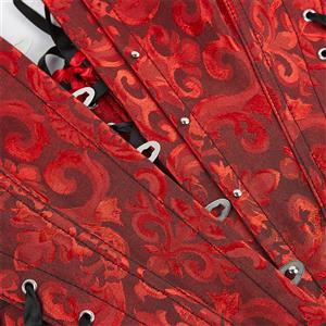 Red Jacquard Corset Top, Vintage Ruffle Trim Bustier  N23894
