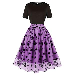 Women's Waist Spliced Mesh Short Sleeve Round Neck High Waist Temperament Retro Swing Dress N23502