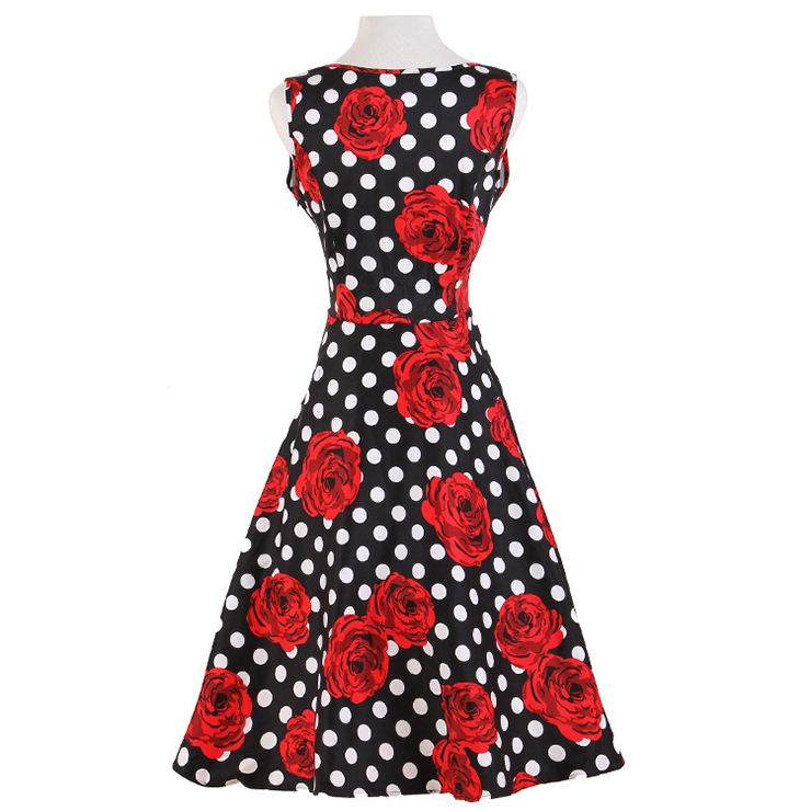 1950's Vintage Retro Polka Dot Rose Floral Print Party Cocktail Tea Dress N11921
