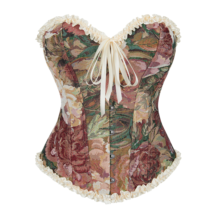 Apricot Vintage Floral Corset Top, Lace-Up Back V-Neck Bustier with Adjustable Straps N23856