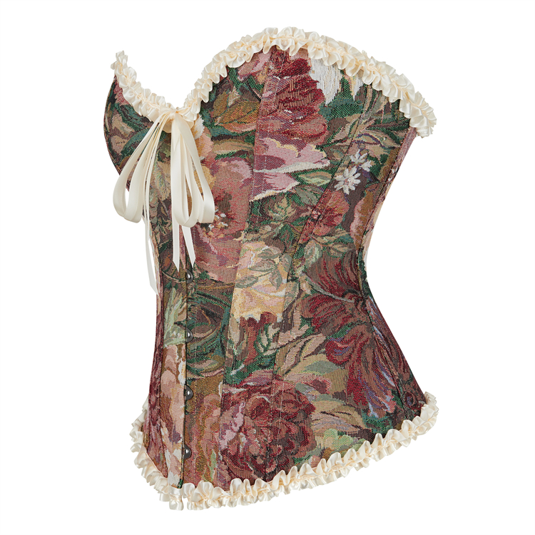 Apricot Vintage Floral Corset Top, Lace-Up Back V-Neck Bustier with Adjustable Straps N23856
