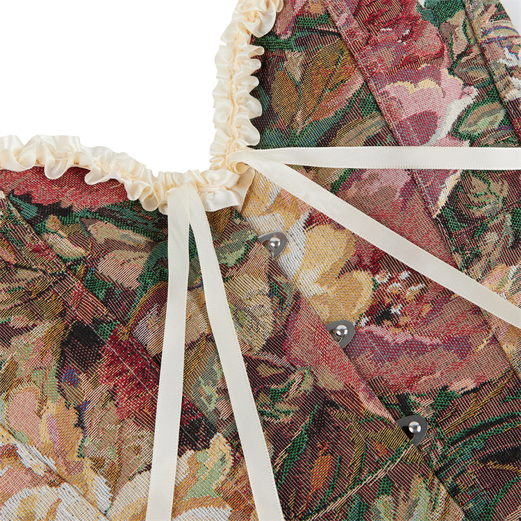 Apricot Vintage Floral Corset Top, Lace-Up Back V-Neck Bustier with Adjustable Straps N23856