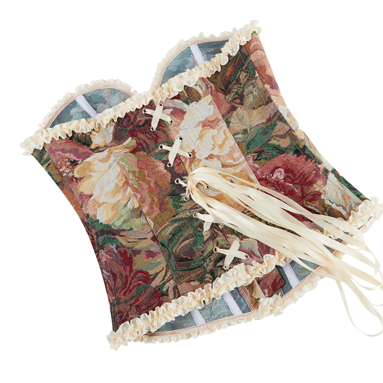 Apricot Vintage Floral Corset Top, Lace-Up Back V-Neck Bustier with Adjustable Straps N23856