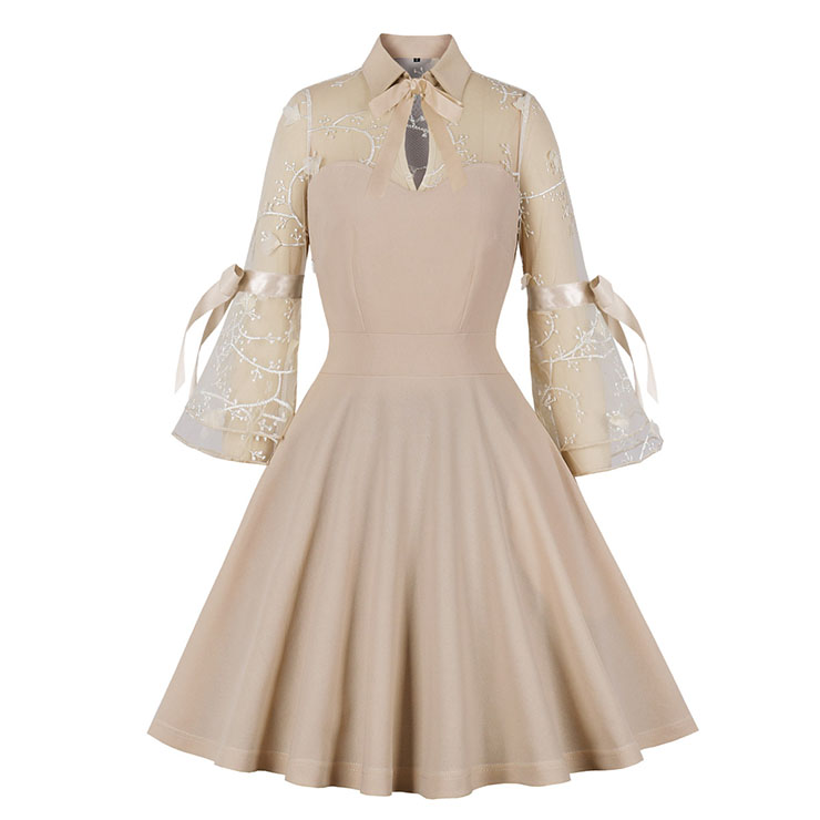 Apricot See-through Mesh Patchwork Turndown Collar Flare Sleeve High Waist Swing Dress N22996