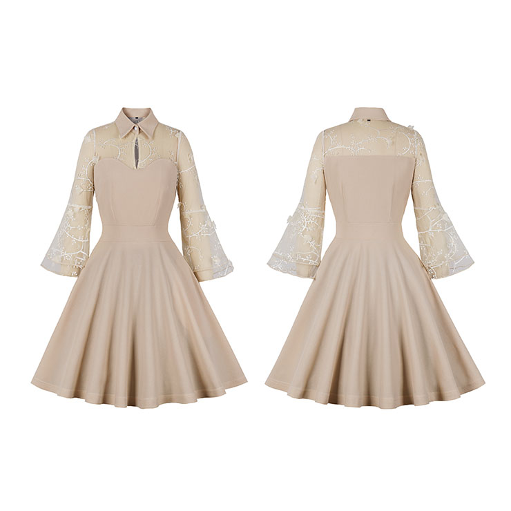 Apricot See-through Mesh Patchwork Turndown Collar Flare Sleeve High Waist Swing Dress N22996