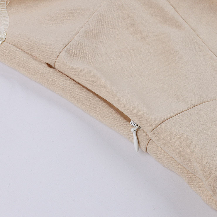 Apricot See-through Mesh Patchwork Turndown Collar Flare Sleeve High Waist Swing Dress N22996
