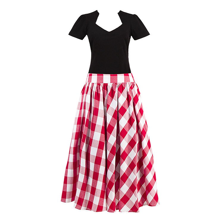 Vintage Black Cut Out Short Sleeve T-shirt and Plaid Skirt Set N12944