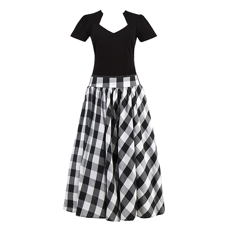 Vintage Black Cut Out Short Sleeve T-shirt and Plaid Skirt Set N12946