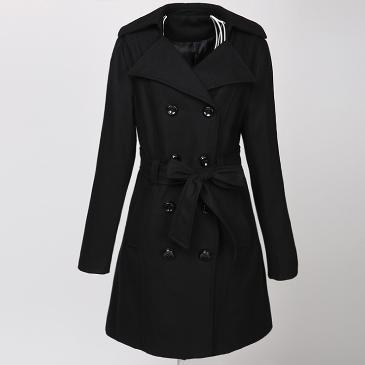 Women's Elegant Double-Breasted Wool Long Trench Coat with Belt N11868