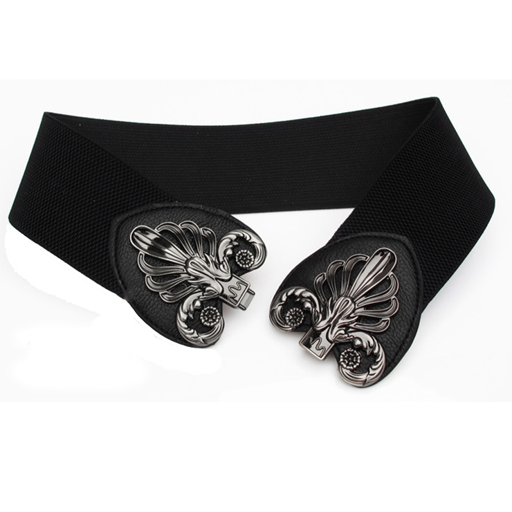 Fashion Black Elastic Wide Waistband Floral Alloy Interlock Buckle Waist Belt N18252