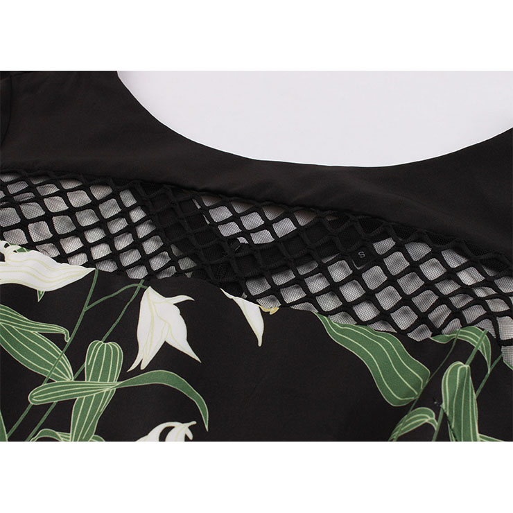 Black Elegant Mesh Round-neck Lily Printed Trumpet Sleeves High Waist Midi A-dress N18269