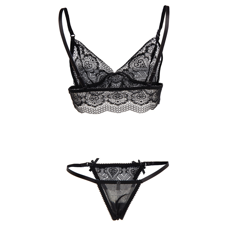 Sexy Black Floral Sheer Lace Bra Top and Panty Lingerie Set  N16140
