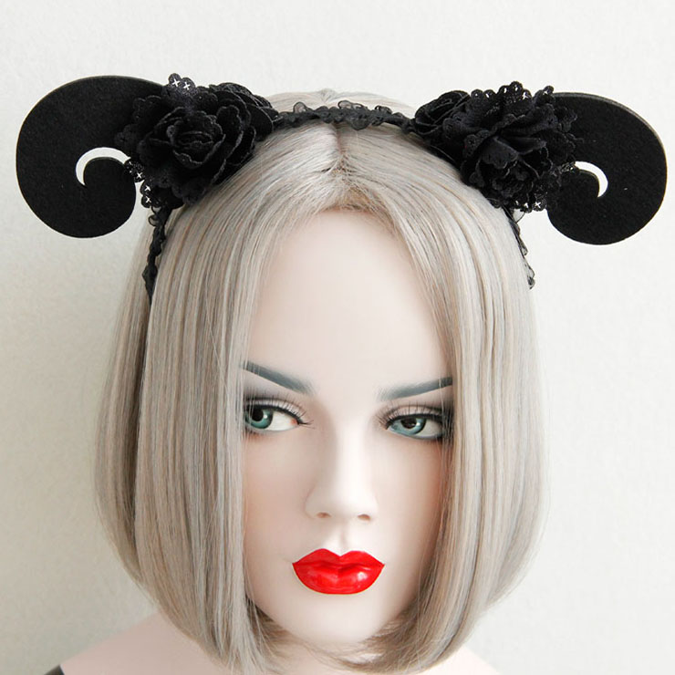 Hand-made Black Sheep Horns Rose Carnival Hair Hoop J12826