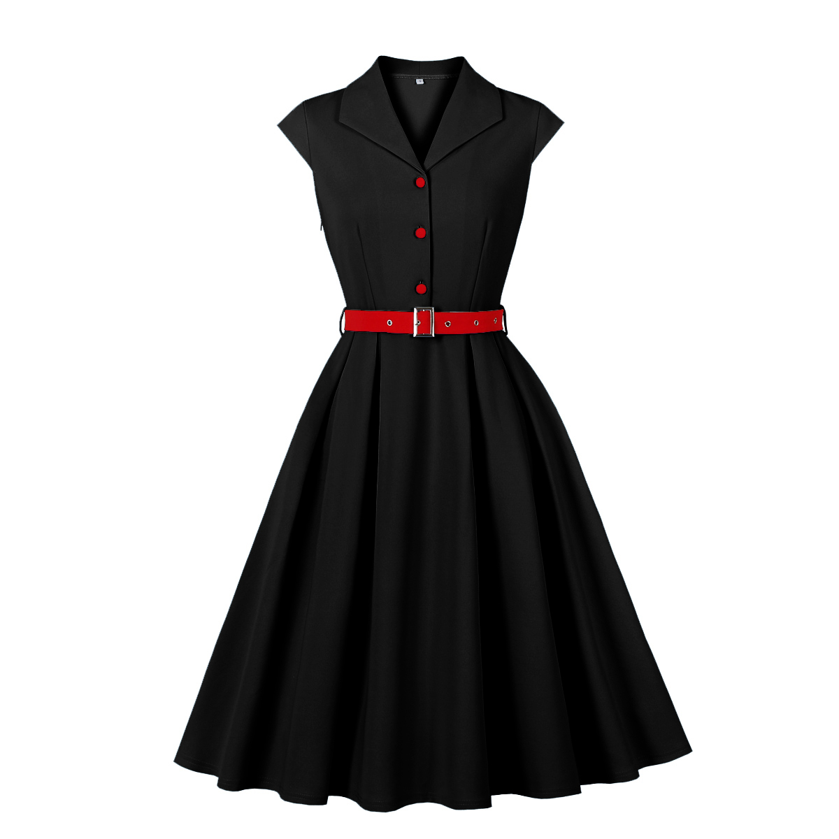 Black Vintage A-Line Dress with Red Belt and Contrasting Buttons - Sleeveless Shift Dress for Women N23822